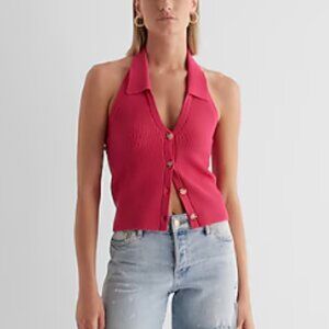 Ribbed Halter Neck Sleeveless Polo Cardigan